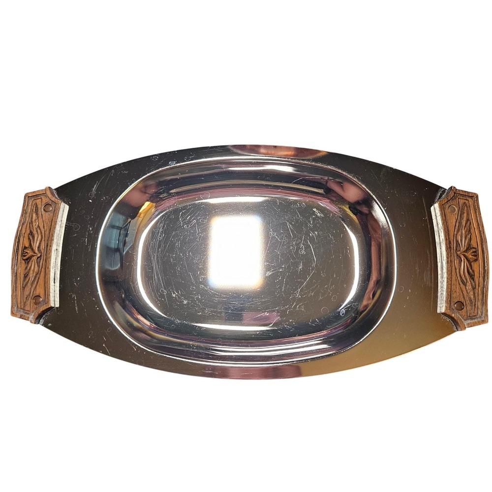 MCM Vintage Kromex Set of 2 Chrome Oval Serving Tray Wood Handles Deep Bowl USA‎